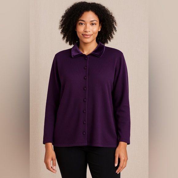 Fashion Bug Tops - Fashion Bug Purple Velvet Collar Button Front Sweater Size 22/24 Vintage Knit